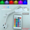 Sistema de control de interruptor RGB mostrando luces LED de varios colores y un control remoto para encendido/apagado y sele
