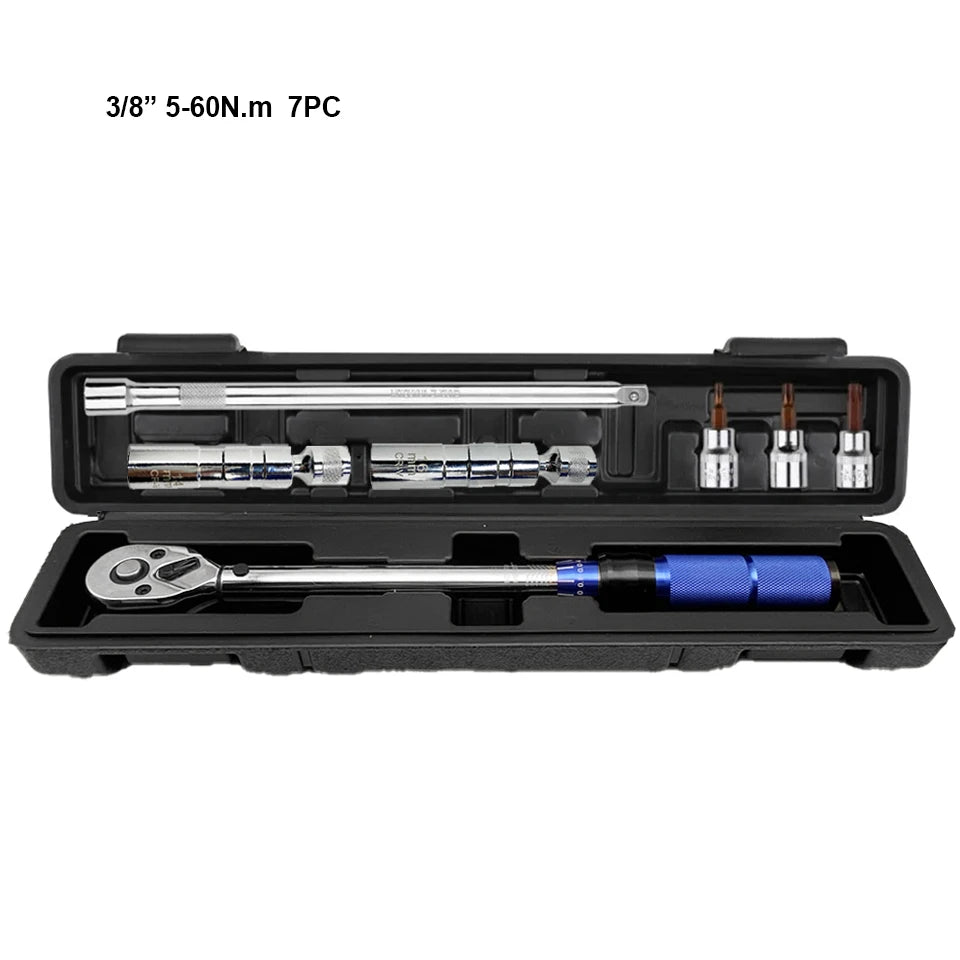 A black case containing a set of 7 precision torque wrenches, including various sized tips and handles.
