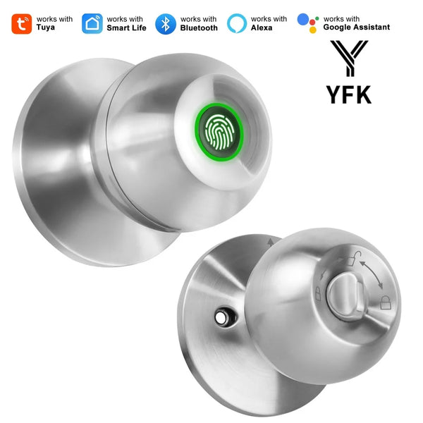 A silver smart fingerprint door lock with a green sensor and a keyless entry mechanism.