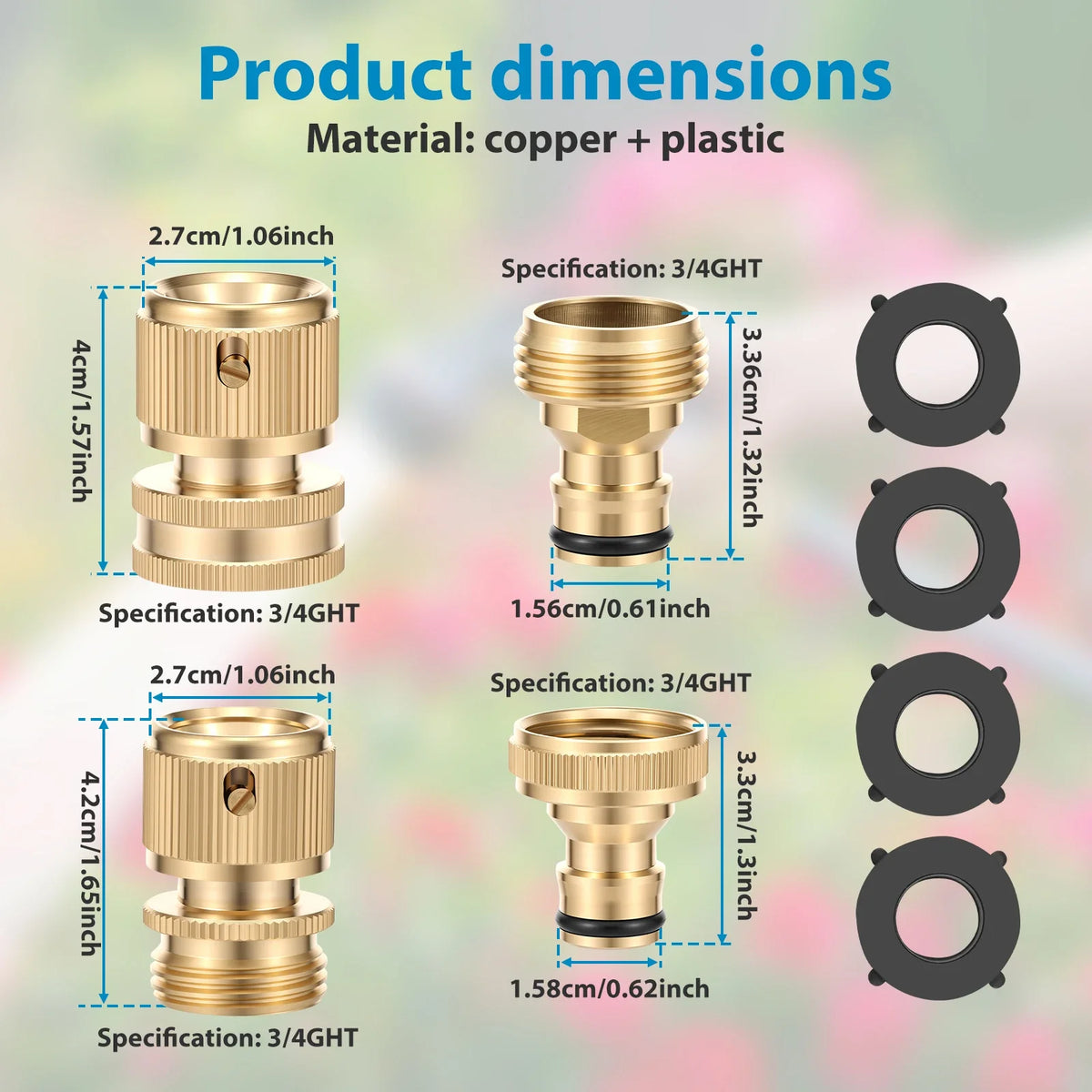A set of copper and plastic 3/4 GHT garden hose quick connectors shown in various sizes.