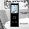 A black digital laser distance meter is shown with various function buttons and a display showing measurements.