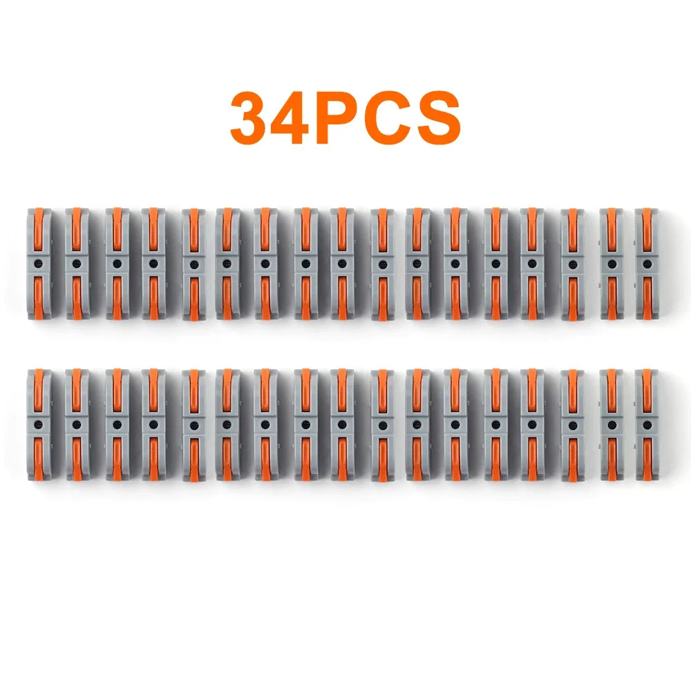34 pieces of high-performance lever wire connectors in various sizes arranged in a row.