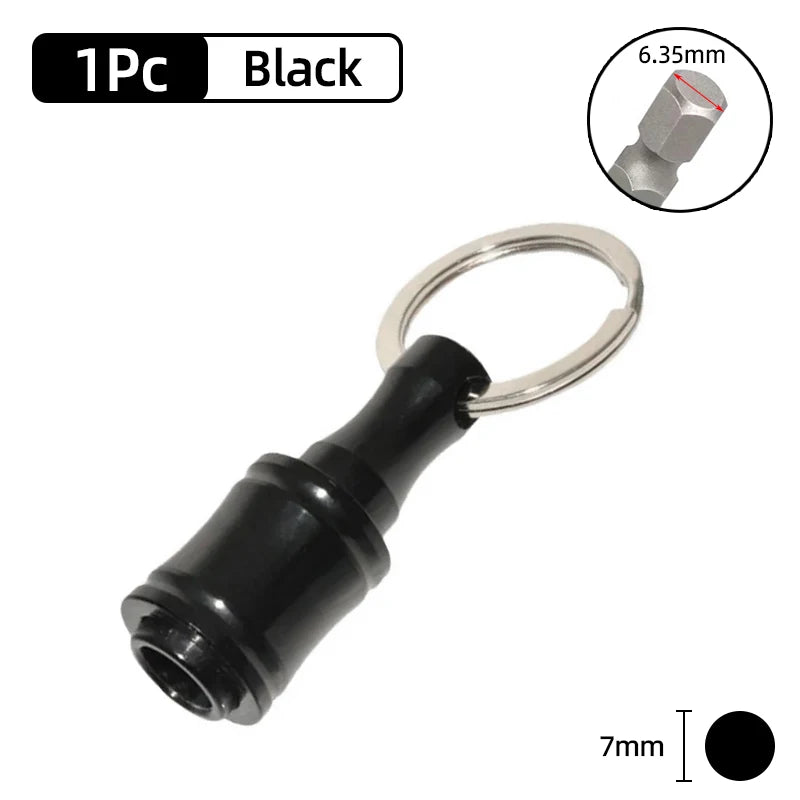 Black screwdriver bit holder with a metal ring and hex shank, shown against a white background.