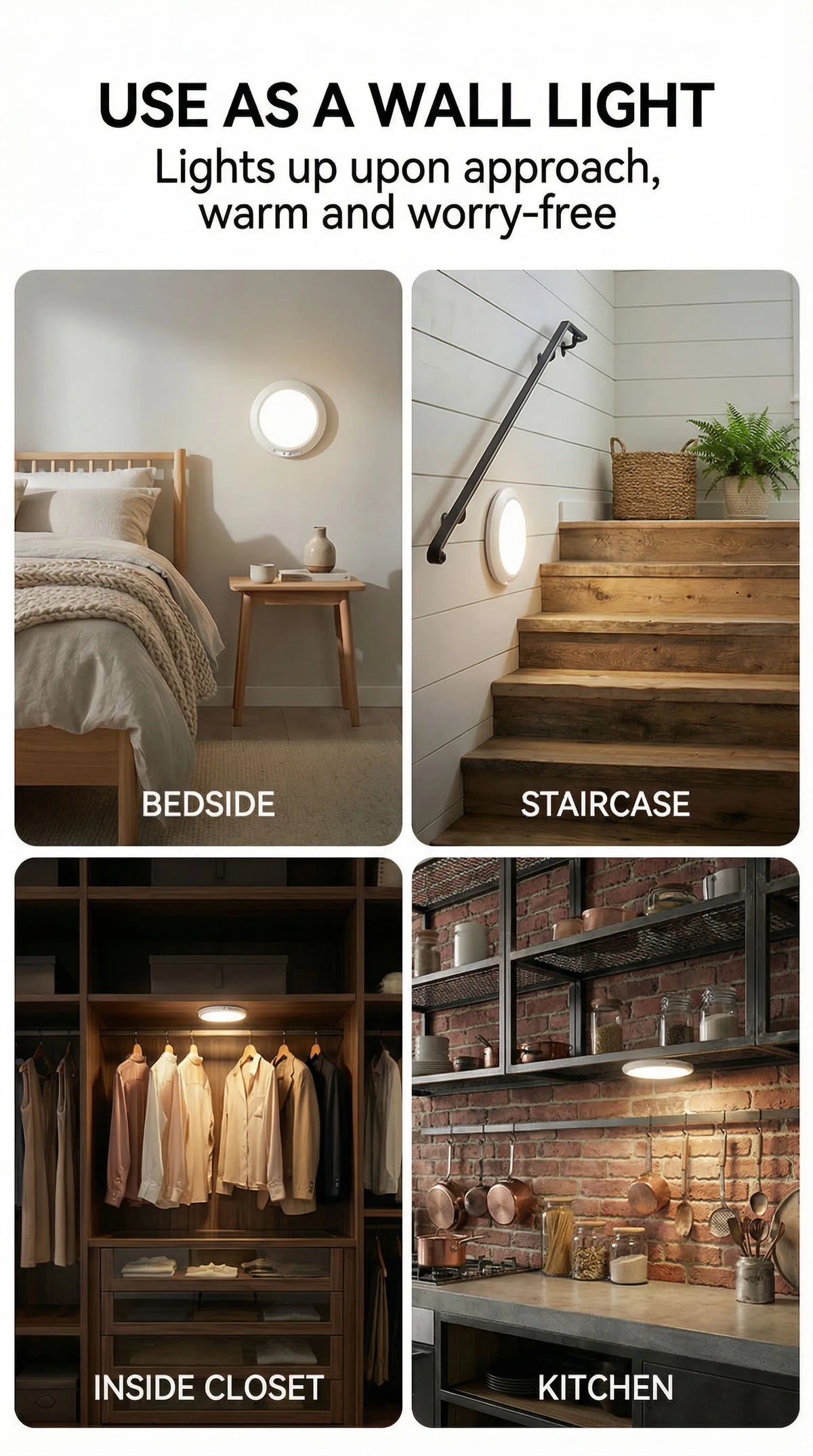 A motion sensor LED ceiling light is shown in four contexts: bedside, staircase, inside a closet, and a kitchen.