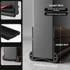 A long black flexible weather strip door draft stopper with a rubber foot, shown in various angles and dimensions.