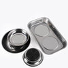 Silberne magnetische Teile-Organizer mit zwei runden Fächern und einer schwarzen Magnetplatte.