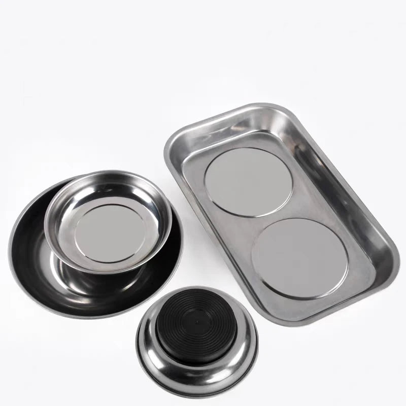 Silberne magnetische Teile-Organizer mit zwei runden Fächern und einer schwarzen Magnetplatte.
