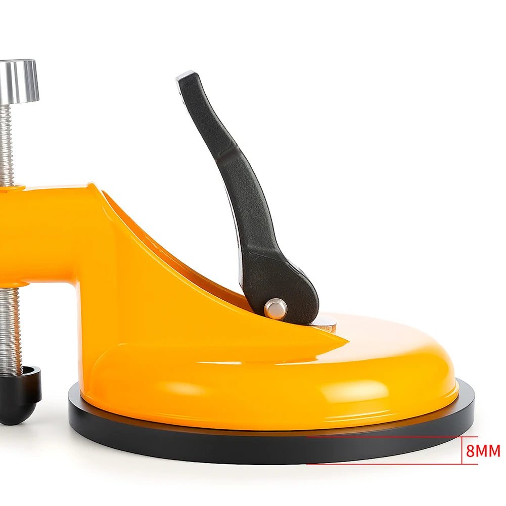 An orange heavy duty wall tile leveler with a black handle and a metal leveling rod.