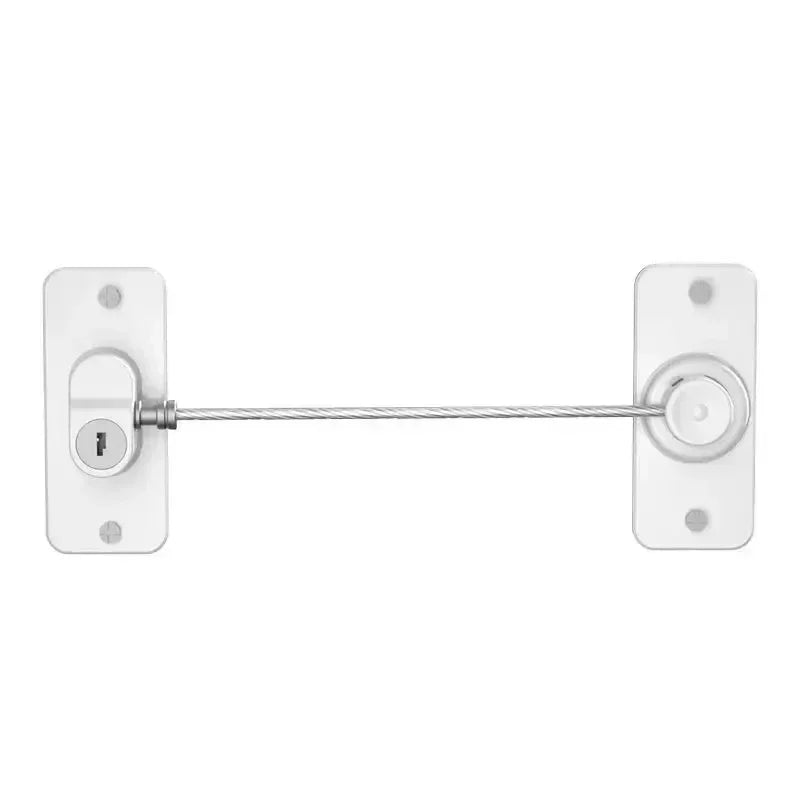 A silver metal baby safety cabinet lock with mounting plates.