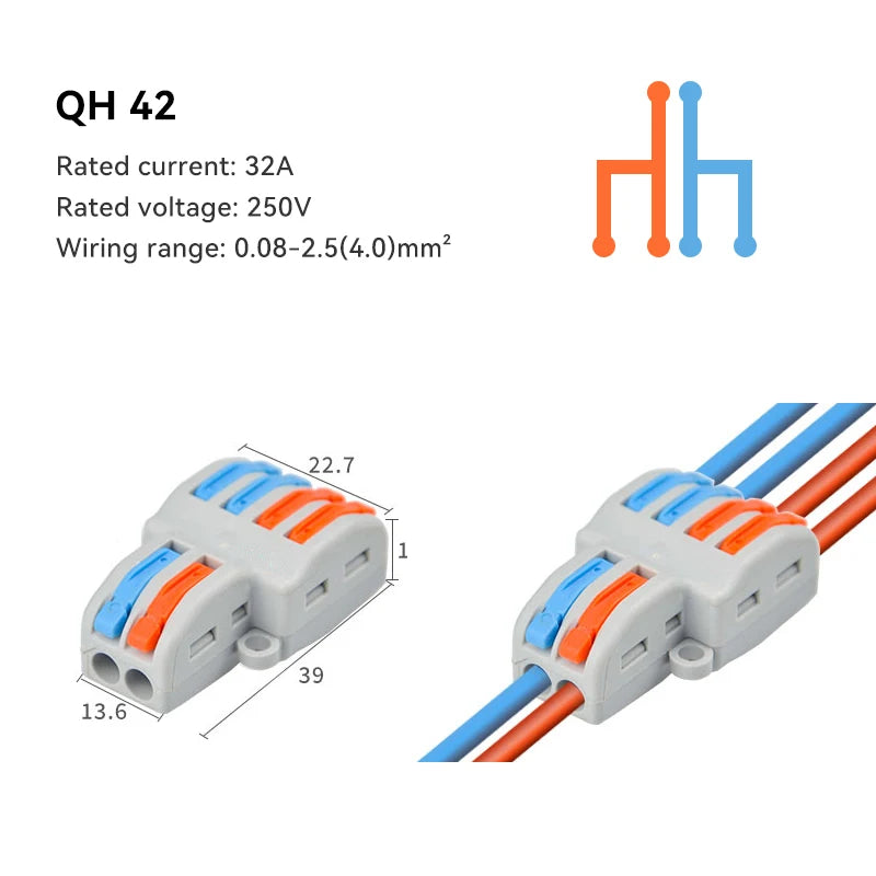A set of orange and blue electrical push-in connectors for wiring, shown with dimensions.