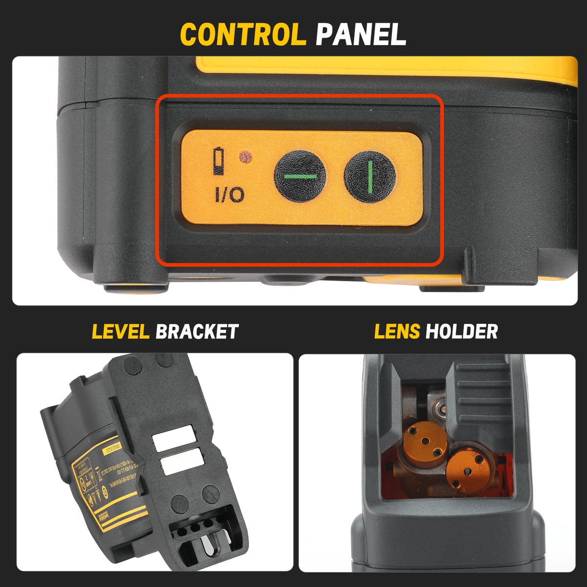 Close-up view of a professional laser level tool showing the control panel, level bracket, and lens holder components.