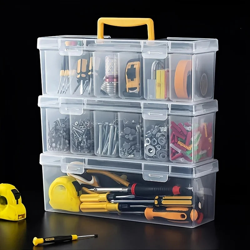 A stack of clear plastic multi-compartment tool storage boxes with various hand tools and equipment inside.