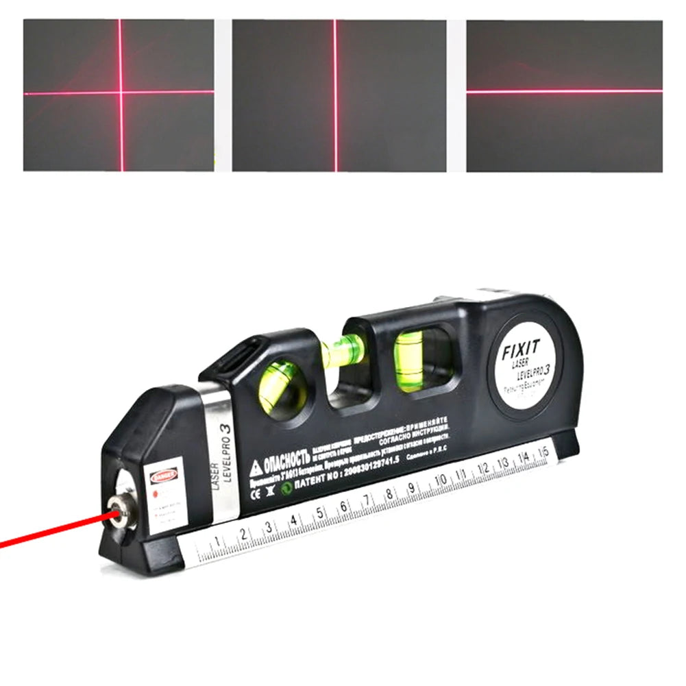 A professional laser level and measuring tape set with multiple alignment grids shown on a white background.