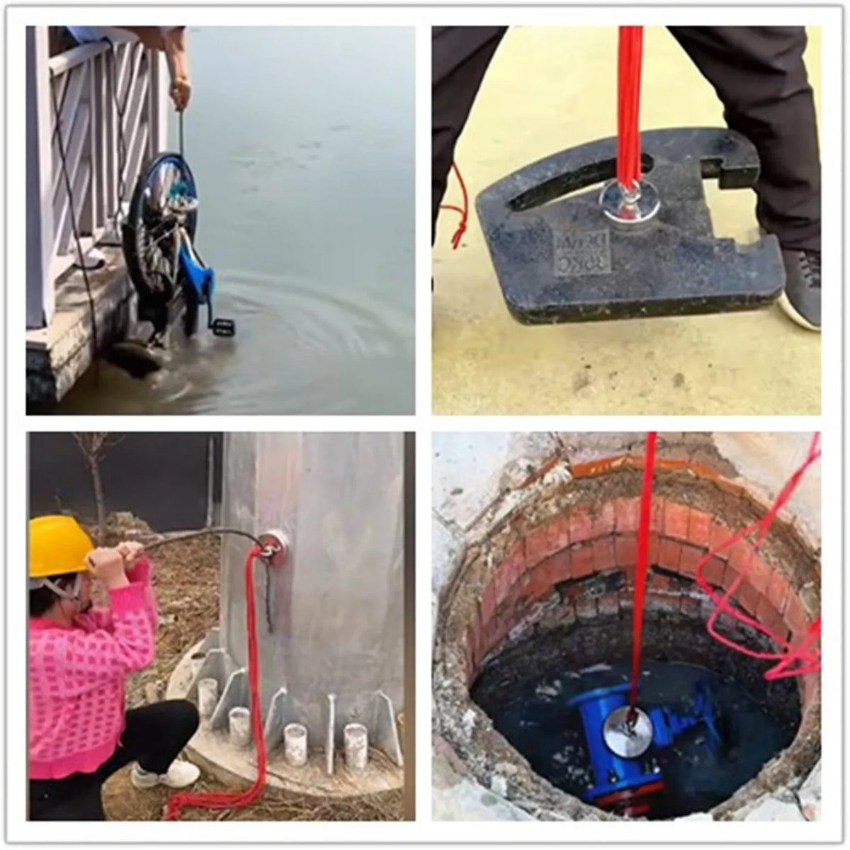 A set of heavy duty neodymium fishing magnets is shown in various applications including a clamp and a magnetic testing setup