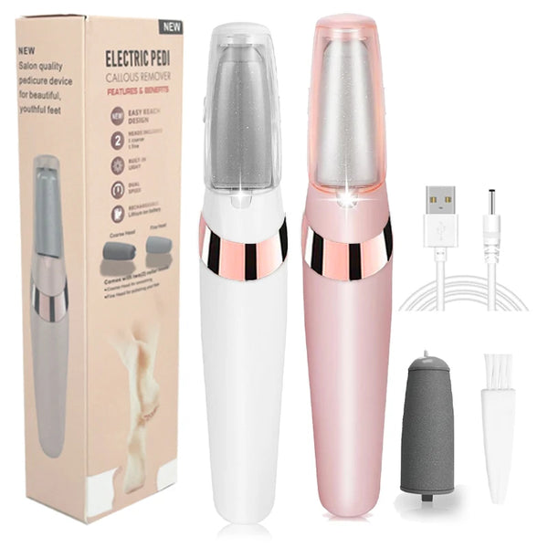 Ein Set rosa und weißer Elektro-Fußpedi-Geräte, einschließlich Hauptgerät und Zubehör.