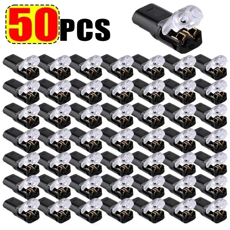 A set of 50 pluggable wire connector crimp terminals in black and silver.