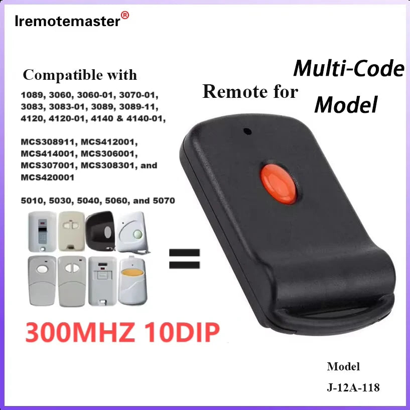 Black multi-code garage door remote transmitter with an orange button and model J-12A-118