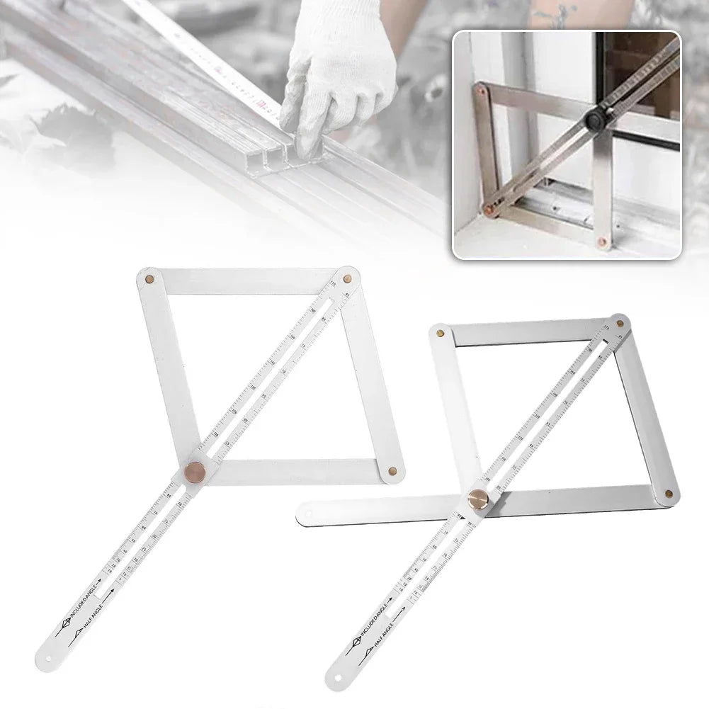 A set of precision angle finder protractor rulers and a square angle measuring tool.