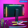 An RGB LED strip light is shown illuminating a computer monitor, with the controller and various colored strips displayed bel
