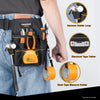 A black utility tool belt with various tools and accessories, including a hammer holder loop, electrical tape tether, and ste