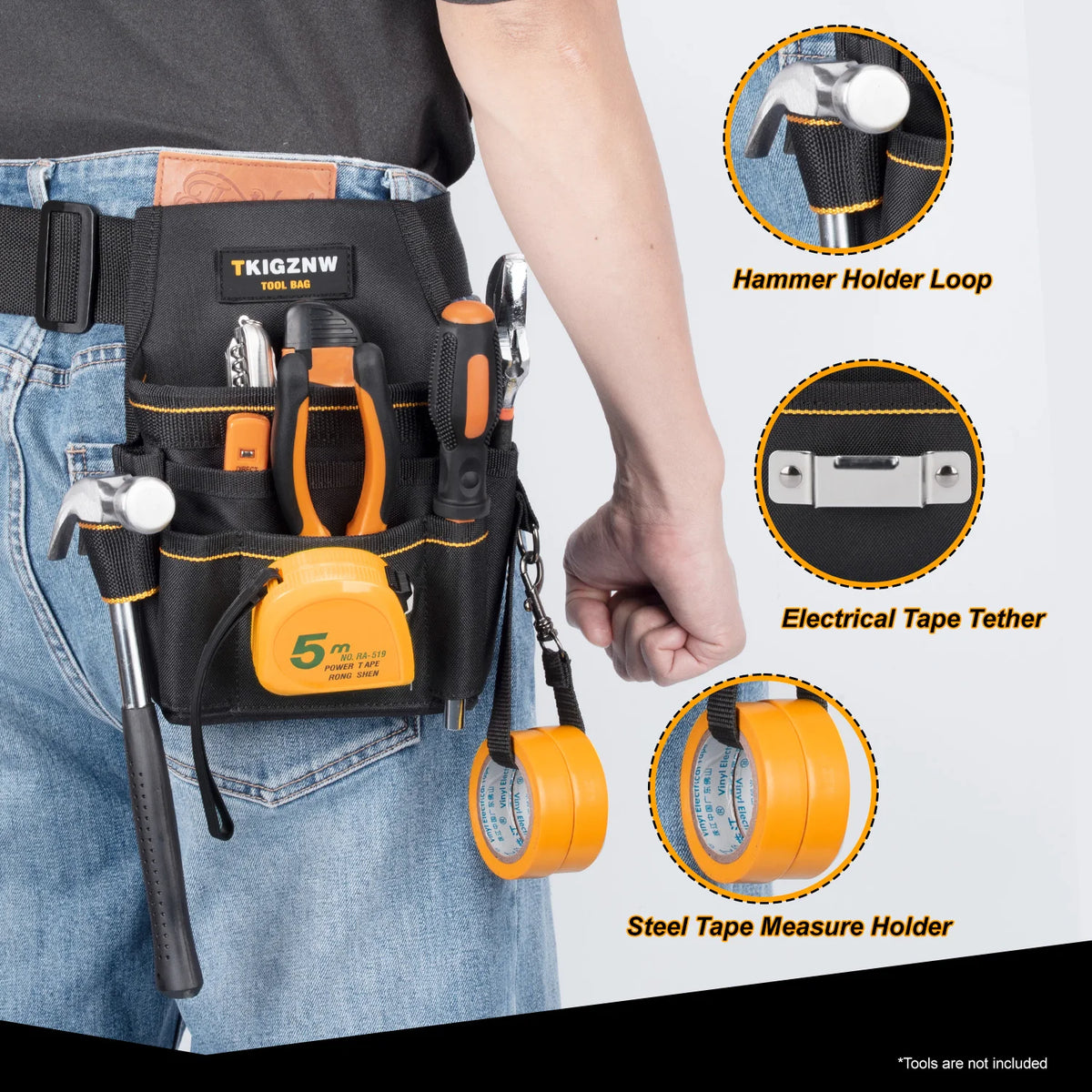 A black utility tool belt with various tools and accessories, including a hammer holder loop, electrical tape tether, and ste
