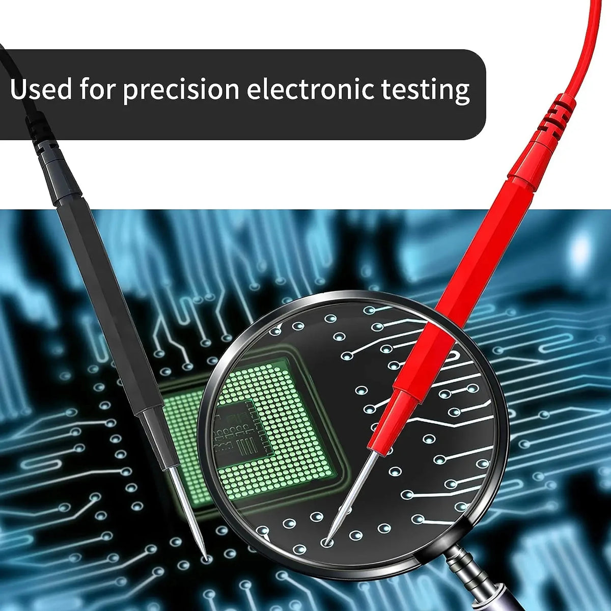 Precision electronic testing leads with a magnifying lens inspecting a circuit board.