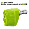 A bright lime green quick connect working pressure washer is shown with an adjustable nozzle setting.