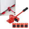 A red heavy duty furniture moving and lifting tool set with a long handle and various attachments shown against a white wall.