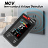 A digital multimeter with NCV non-contact voltage detection is shown against a wall outlet.