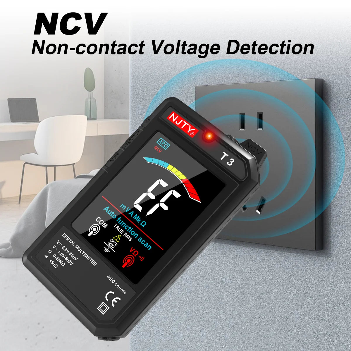 A digital multimeter with NCV non-contact voltage detection is shown against a wall outlet.