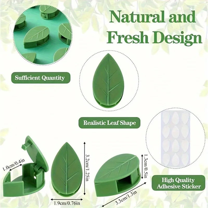 Green adhesive stickers shaped like leaves used for plant wall climbing clips