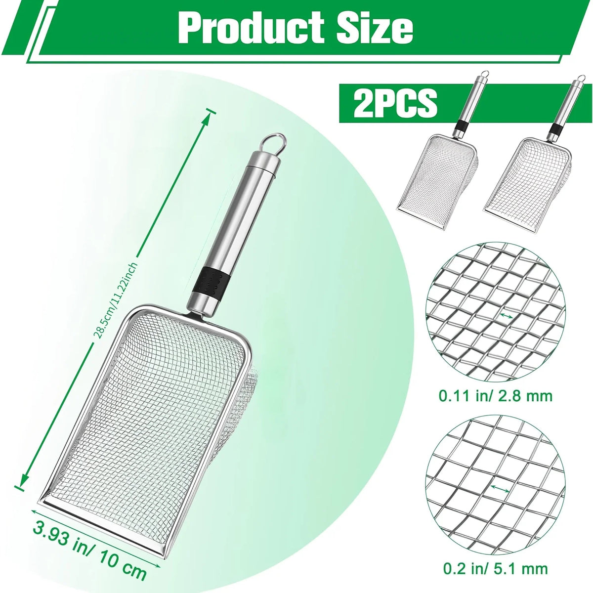 Two heavy duty stainless steel mesh sieves for soil or liquid separation, showing various sizes.