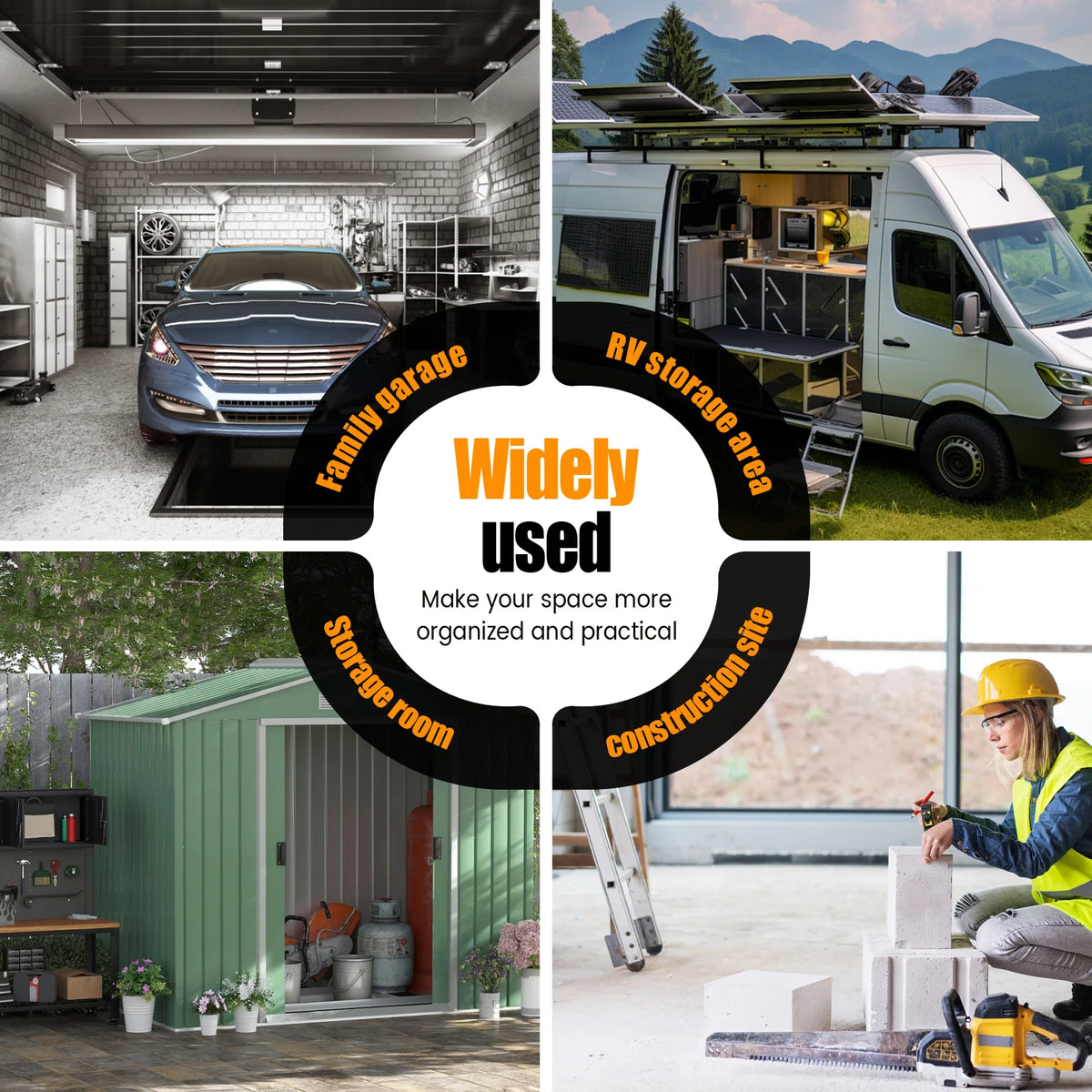 A collage showing various uses of a portable battery storage organizer including a family garage, RV storage area, and a stor