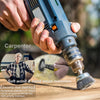 A hand holds a precision wire brush set for drill and polishing, demonstrating its use on wood materials.