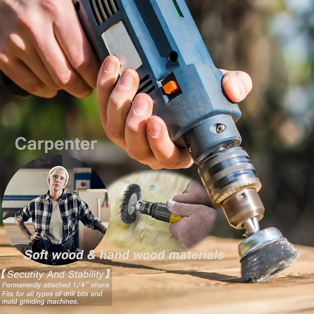 A hand holds a precision wire brush set for drill and polishing, demonstrating its use on wood materials.