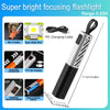 A black and silver portable LED flashlight with a focus and concentrate feature, showing various accessories and specificatio