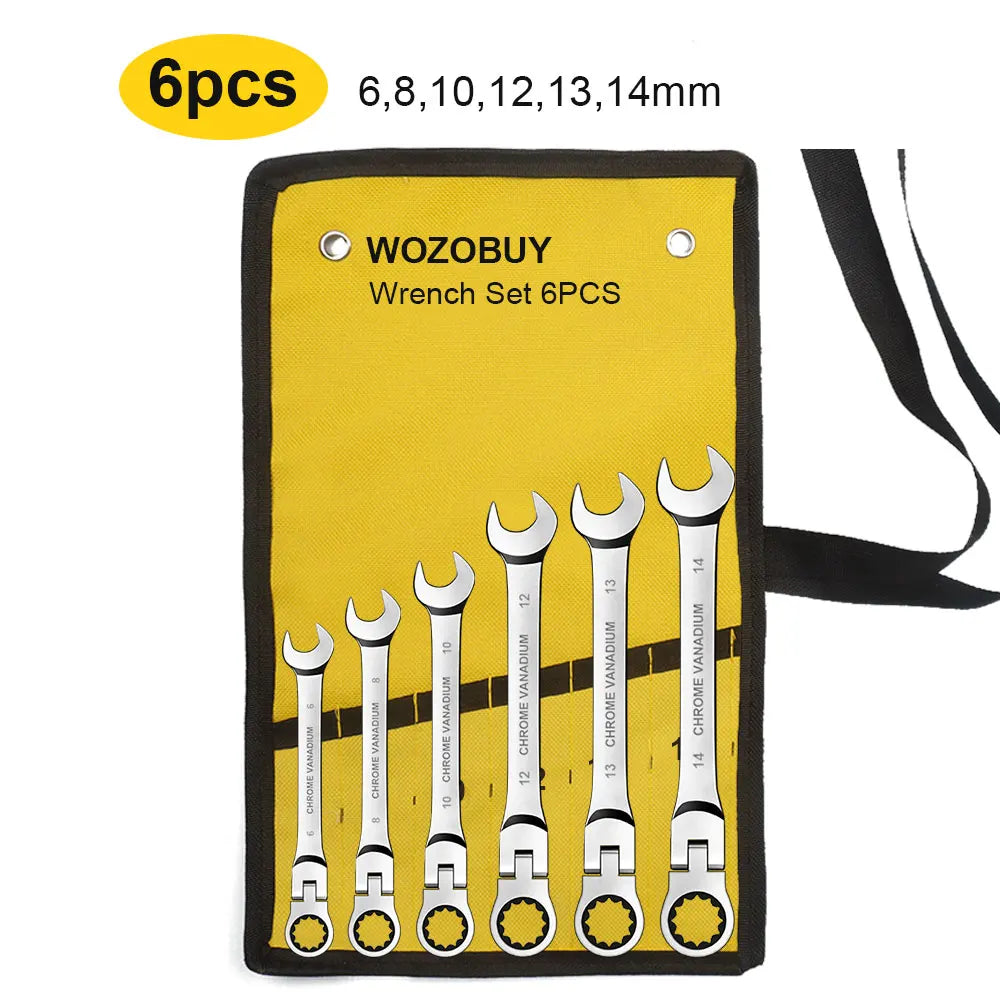 A set of six chrome vanadium wrenches with sizes 6, 8, 10, 12, 13, and 14 mm displayed on a yellow fabric tag.