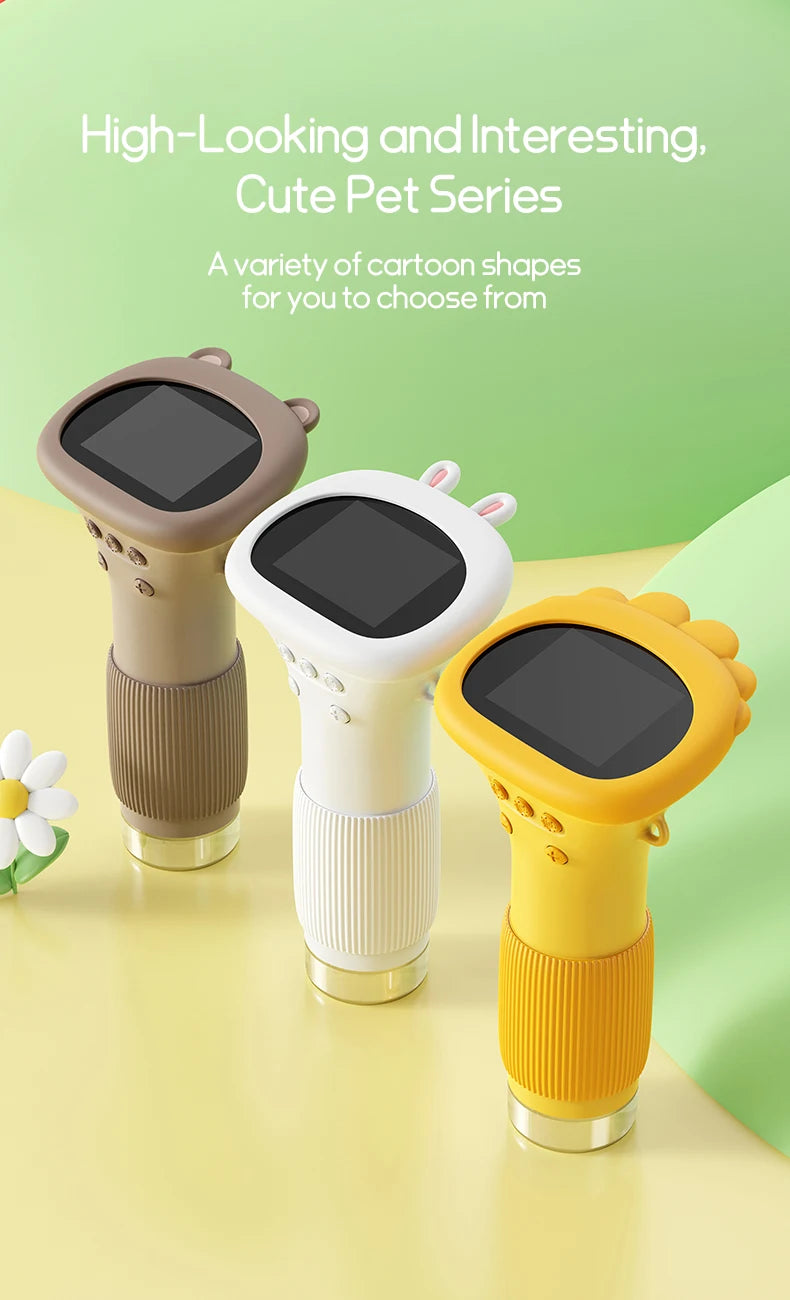 Three versions of a pocket digital microscope for kids in brown, white, and yellow colors are displayed on a light surface.