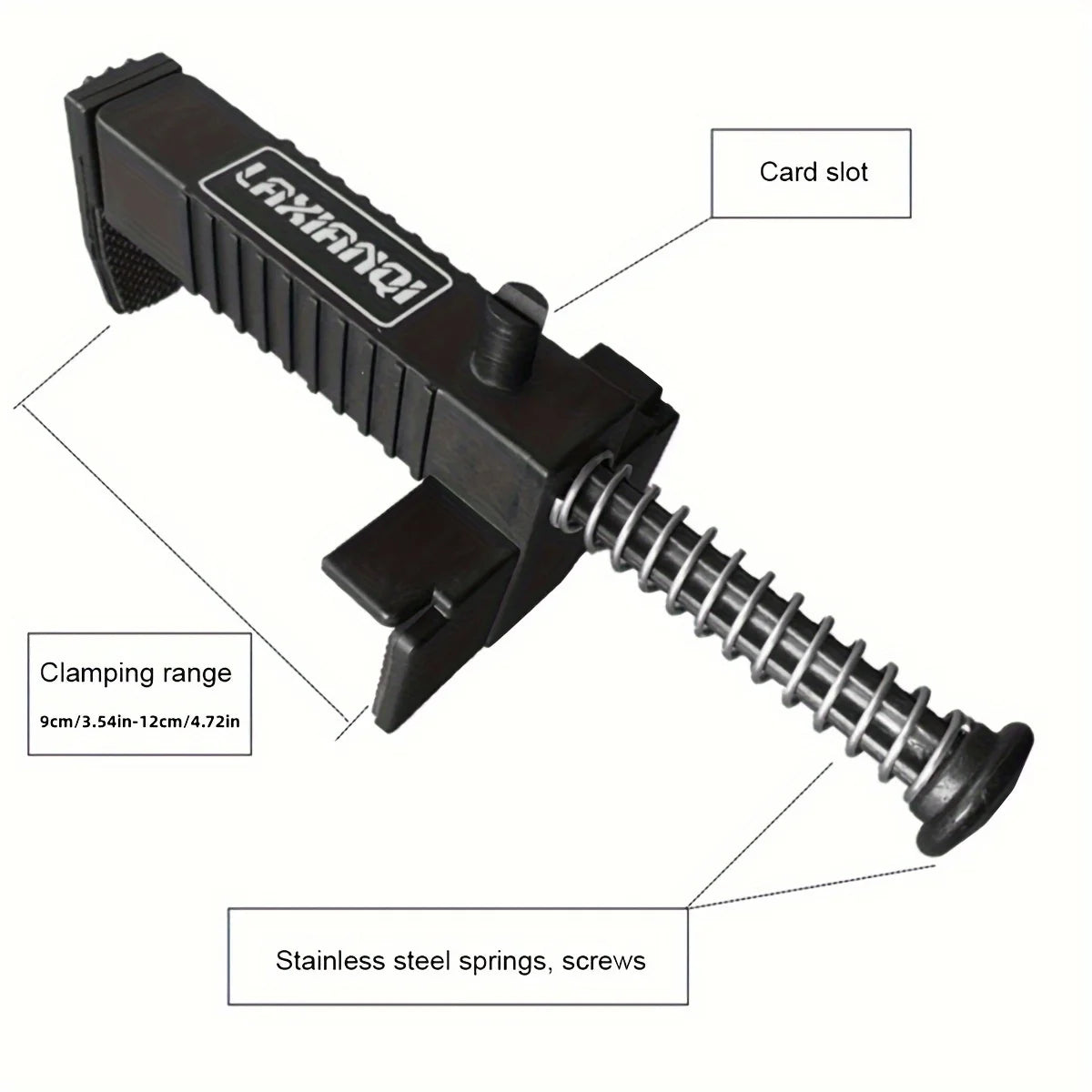 A black precision wire clip tool with a card slot and clamping range of 9cm/3.54in-12cm/4.72in.