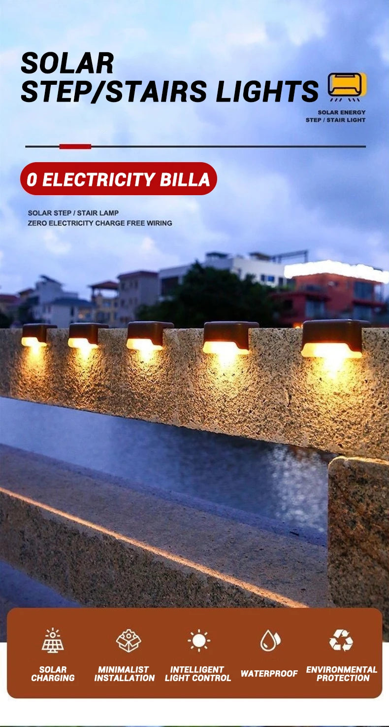 Solar step/stairs lights illuminating a concrete railing outdoors.