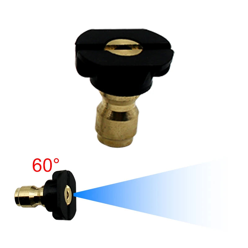 A black and brass 1/4 inch quick connect high-pressure spray nozzle set with a 60 degree light beam.