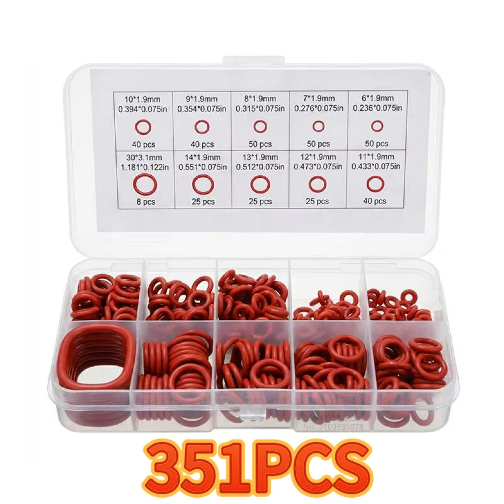 A clear plastic container holds a set of multi-size silicone O-rings in various sizes and quantities.