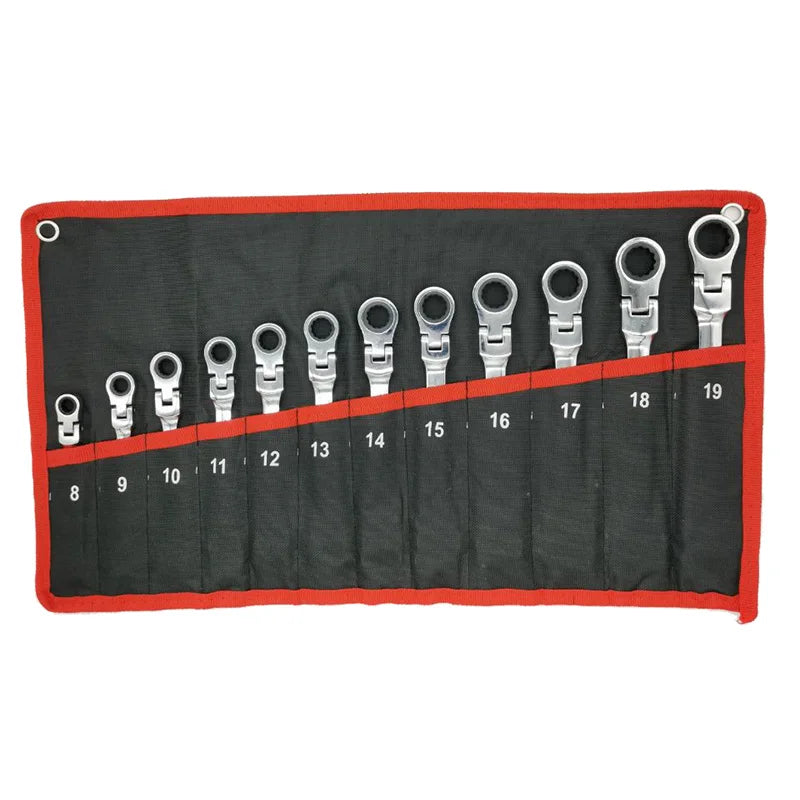 A set of nineteen chrome vanadium steel ratcheting wrenches displayed in a black and red presentation box.