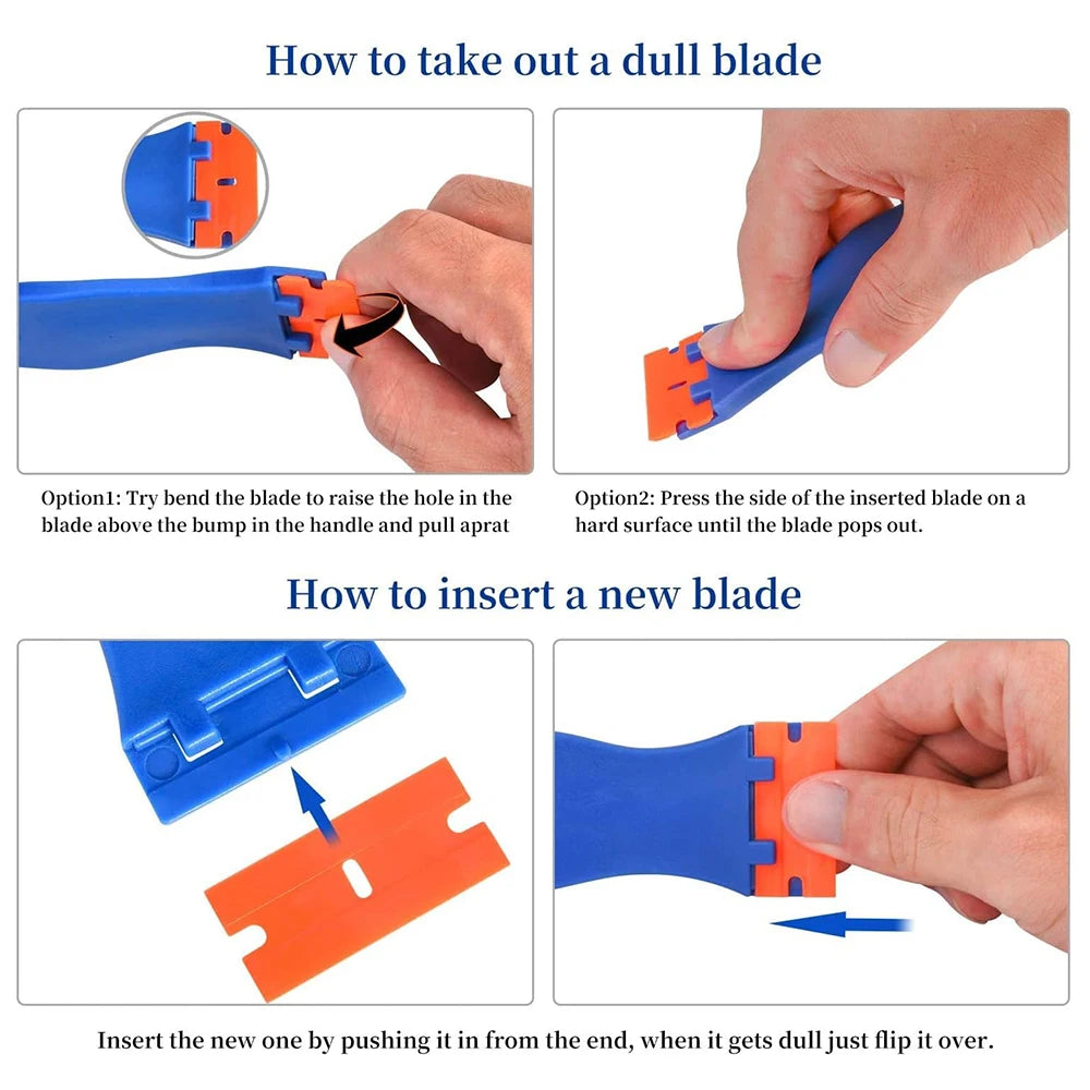Instructions showing how to take out and insert a dull blade using plastic tools