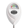 A white digital soil moisture meter with a scale showing dry, moist, and wet levels.