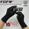 A hand wearing a black work glove is holding a smartphone, demonstrating the 13G Black polyester liner with PU palm coating.