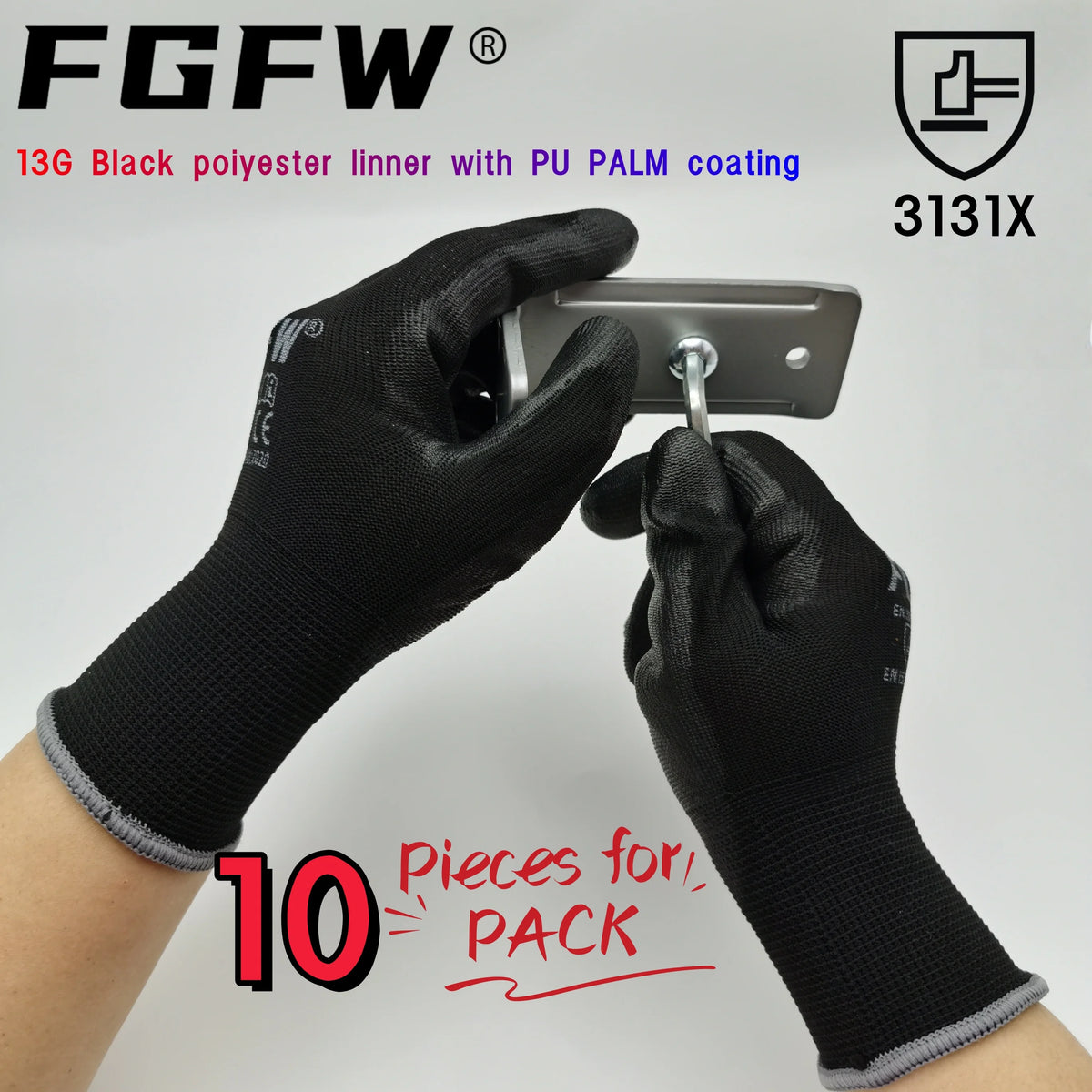 A hand wearing a black work glove is holding a smartphone, demonstrating the 13G Black polyester liner with PU palm coating.