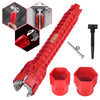 A red 14-in-1 multi-functional plumbing wrench set with various tools and attachments shown in detail.