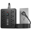 A black surge protection power strip with multiple outlets and USB ports connected by a black cord.