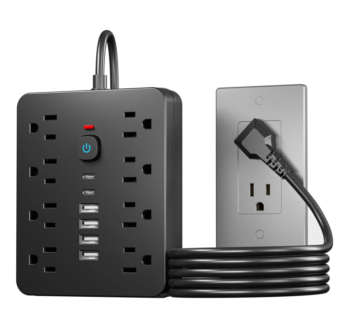 A black surge protection power strip with multiple outlets and USB ports connected by a black cord.